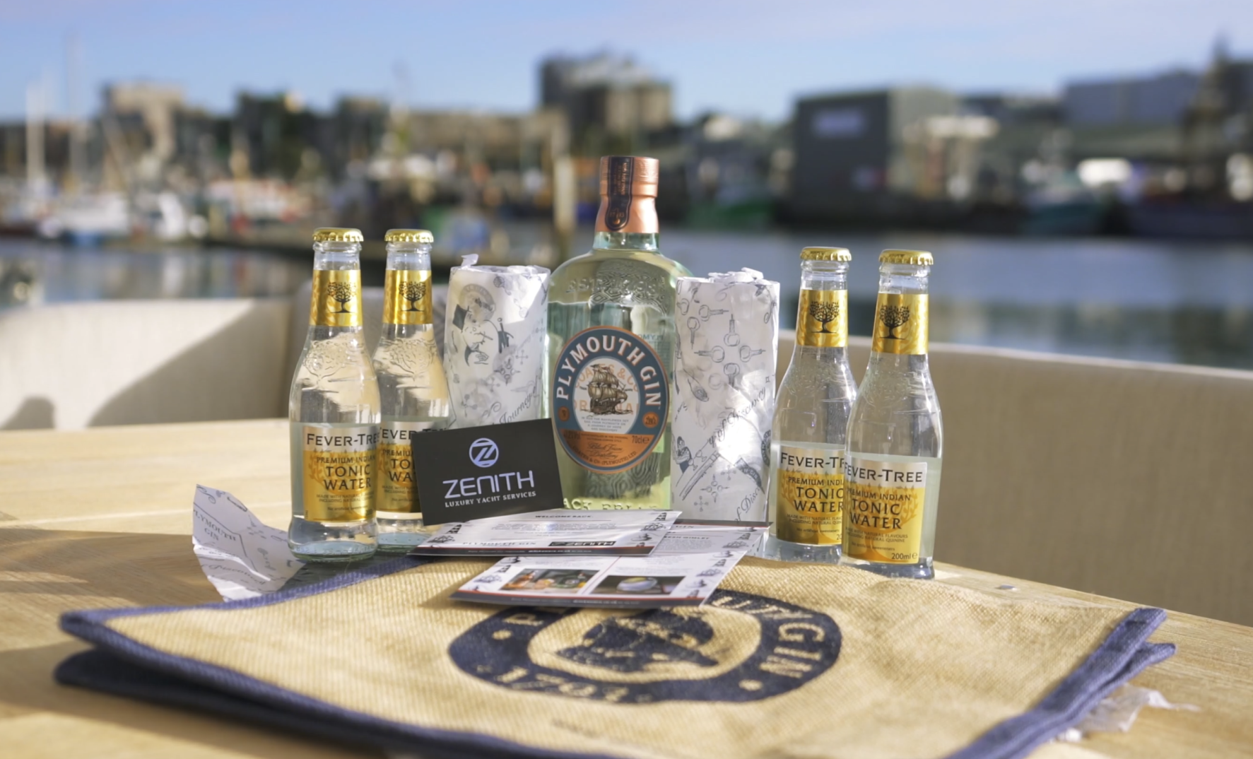 After-service gift for yacht owners following Zenith Marine valeting, including Plymouth Gin and Fever-Tree tonics